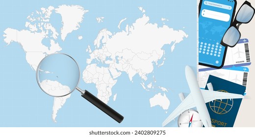 Saint Kitts and Nevis is magnified over a World Map, illustration with airplane, passport, boarding pass, compass and eyeglasses. Vector illustration.