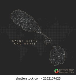 Saint Kitts and Nevis map abstract geometric mesh polygonal light concept with black and white glowing contour lines countries and dots on dark background. Vector illustration.