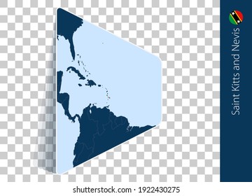Saint Kitts and Nevis map and flag on transparent background. Highlighted Saint Kitts and Nevis on blue vector map.