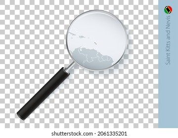 Saint Kitts and Nevis map with flag in magnifying glass on transparent background. Vector loupe with map.