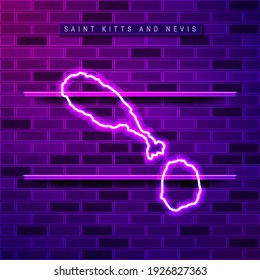 Saint Kitts and Nevis map glowing neon lamp sign. Realistic vector illustration. Country name plate. Purple brick wall, violet glow, metal holders.