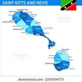 Saint Kitts and Nevis Map Vector Blue Spot - Customizable layered political map of Saint Kitts and Nevis with administrative divisions for website, education, reports, news, politics, print