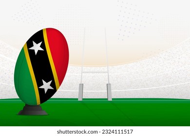 Selección nacional de rugby de Saint Kitts y Nevis en el estadio de rugby y en los puestos de gol, preparándose para un penal o patada libre. Ilustración vectorial.