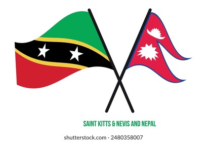 Saint Kitts  Nevis and Nepal Flags Crossed And Waving Flat Style. Official Proportion.