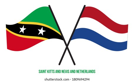 Saint Kitts & Nevis and Netherlands Flags Crossed And Waving Flat Style. Official Proportion.