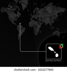 Saint Kitts and Nevis on black World Map. Map and flag of Saint Kitts and Nevis.