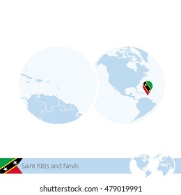 Saint Kitts and Nevis on world globe with flag and regional map of Saint Kitts and Nevis. Vector Illustration.