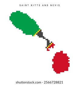 Saint Kitts and Nevis pixel flag map icon. 8 bit pixel art Saint Christopher and Nevis map covered with flag. Flat vector illustration isolated on white background.