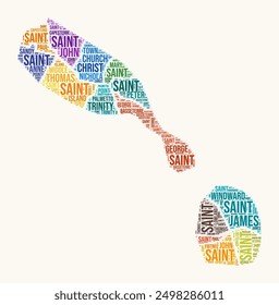 Saint Kitts and Nevis regions word cloud. Country logo design. Regions typography style vector image. Saint Kitts and Nevis colored text cloud. Amazing vector illustration.