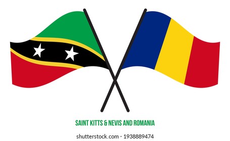Saint Kitts and Nevis and Romania Flags Crossed And Waving Flat Style. Official Proportion.
