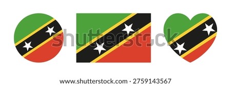 Saint Kitts and Nevis round, heart shaped, rectangular country flag icon, badge, background. Set of National Saint Kitts and Nevis circle, rectangle, heart flag sticker, button, banner.