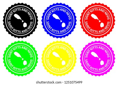 Saint Kitts and Nevis - rubber stamp - vector, Federation of Saint Christopher and Nevis island map pattern - sticker - black, blue, green, yellow, purple and red