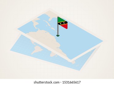 Saint Kitts and Nevis selected on map with isometric flag of Saint Kitts and Nevis. Vector paper map.