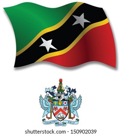 saint kitts and nevis shadowed textured wavy flag and coat of arms against white background, vector art illustration, image contains transparency transparency