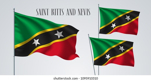 Saint Kitts and Nevis waving flag set of vector illustration. Red green colors of Saint Kitts and Nevis wavy realistic flag as a patriotic symbol 