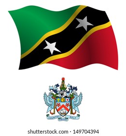 saint kitts and nevis wavy flag and coat of arm against white background, vector art illustration, image contains transparency