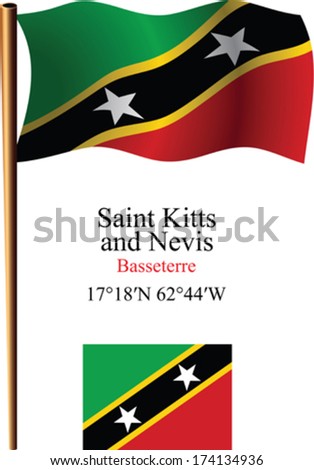 saint kitts and nevis wavy flag and coordinates against white background, vector art illustration, image contains transparency