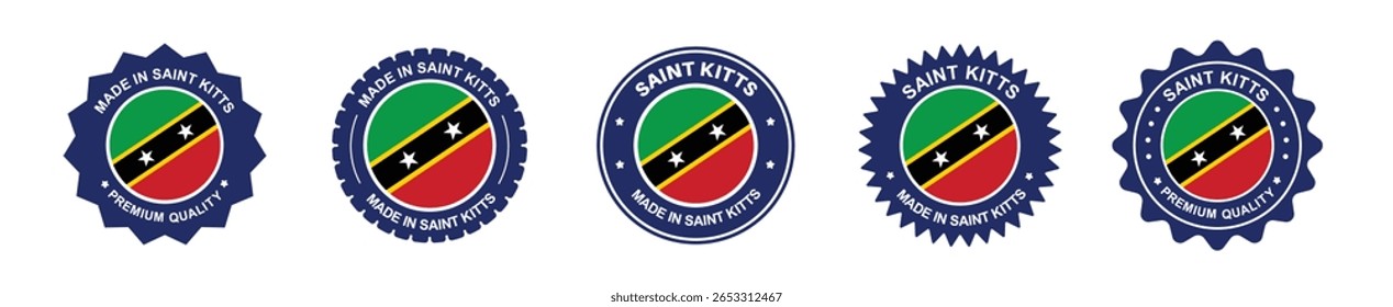 conjunto de etiquetas de produto saint kitts. Bandeira de São Cristóvão, prêmio feito em São Cristóvão. Etiquetas, selos, carimbos, bandeiras, ícones