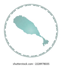 Saint Kitts round logo. Digital style shape of Saint Kitts in a dotted circle with the island name. Tech icon of the island with gradient dots. Attractive vector illustration.