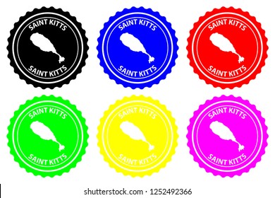 Saint Kitts - rubber stamp - vector, Federation of Saint Christopher and Nevis island map pattern - sticker - black, blue, green, yellow, purple and red