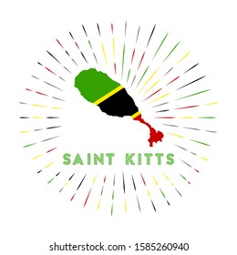 Saint Kitts sunburst badge. The island sign with map of Saint Kitts with Kittian and Nevisian flag. Colorful rays around the logo. Vector illustration.