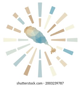 Quema de sol de Saint Kitts. Rayos de rayas bajas y mapa de la isla. Ilustración vectorial atractiva.