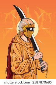 Saint Knight holding a sword, wearing a hoodie