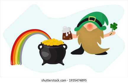 Saint Leprechaun s day symbols set, pot of gold coins, rainbow, shamrock, pint of beer. Set for banners, cards or invitations. Vector.