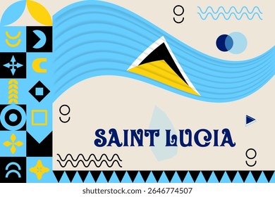 Bannière Sainte-Lucie avec un design culturel. Conception du jour de l'Indépendance pour la célébration de Sainte Lucie. Design néo-géométrique rétro moderne avec drapeau, carte et icônes abstraites. Bleu clair et jaune.