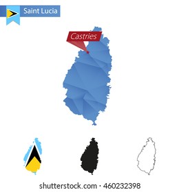 Saint Lucia blue Low Poly map with capital Castries, versions with flag, black and outline. Vector Illustration.