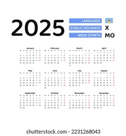 Saint Lucia Calendar 2025. Week starts from Monday. Vector graphic design. English language.