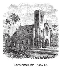 Saint Lucia Cathedral, in Colombo, Sri Lanka, during the 1890s, vintage engraving. Old engraved illustration of Saint Lucia Cathedral.