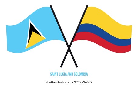 Saint Lucia and Colombia Flags Crossed And Waving Flat Style. Official Proportion. Correct Colors.