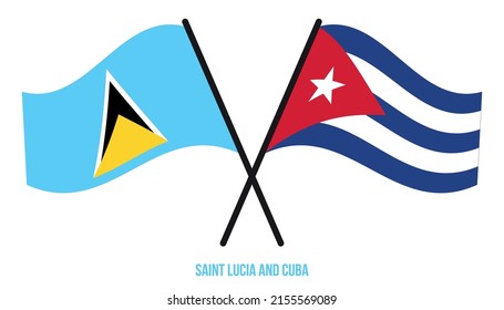 Saint Lucia and Cuba Flags Crossed And Waving Flat Style. Official Proportion. Correct Colors.