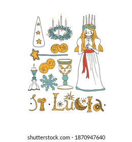 Saint Lucia Day celebration elements set. Young girl wearing a candle crown. Saffron buns, christmas wreath, snowflake and hand drawn lettering. Perfect for cards, posters and banners