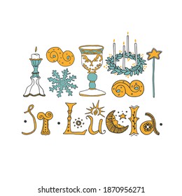 Saint Lucia Day Celebration Elements Set. Swedish Christmas Tradition Vector Illustration. Saffron Buns, Candle Crown, Snowflake And Hand Drawn Lettering. Perfect For Cards, Posters And Banners