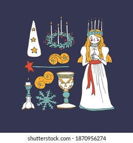 Saint Lucia Day Celebration Elements Set. Swedish Christmas Tradition. Saffron Buns, Candle Crown And Snowflake Hand Drawn Vector Illustration. Perfect For Cards, Posters And Banners