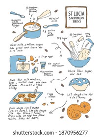 Saint Lucia Day saffron buns recipe. Swedish Christmas traditional baking. Vector illustration with hand drawn lettering. Perfect for cards, posters and cookbooks