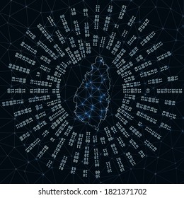 Saint Lucia digital map. Binary rays radiating around glowing island. Internet connections and data exchange design. Vector illustration.