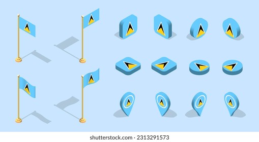 Saint Lucia flag. 3D isometric flag set icon. Editable vector for banner, poster, presentation, infographic, website, apps, maps, and other uses.