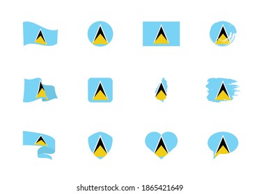 Saint Lucia flag - flat collection. Flags of different shaped twelve flat icons. Vector illustration set