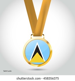 Saint Lucia Flag in gold Medal. Vector Illustration. RIO Olympic Game gold Medal. Vector Illustration