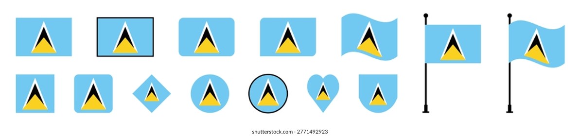 Saint Lucia flag icon set collection with various shapes and wavy styles.