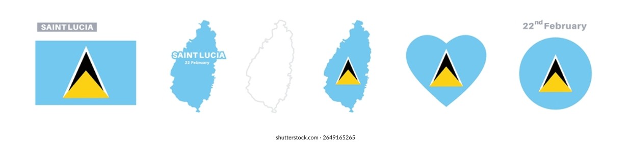 bandeira de santa lúcia e conjunto de mapas. bandeira de santa lúcia em cores e proporções oficiais. independência dia 22 de fevereiro , mapa, círculo e coração em forma de santa lúcia