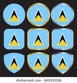saint lucia flag vector icon set with gold and silver border