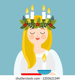 Saint Lucia With Floral Wreath And Candle Crown, Swedish Christmas Tradition, Vector Illustration.