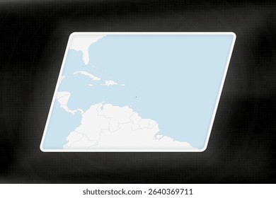 Saint Lucia Highlighted in Flag Colors on Geographic Map. Modern Map on a dark abstract backdrop.