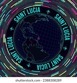 Saint Lucia highlighted on a globe with a satellite view of the world, centered on Saint Lucia. Bright neon style with a futuristic radial background. Neat vector illustration.