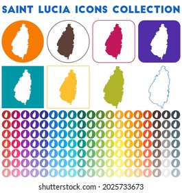 Saint Lucia icons collection. Bright, colorful, trendy map icons. Modern Saint Lucia badge with island map. Vector illustration.