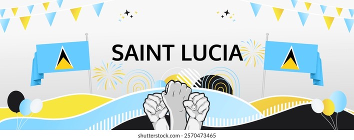 Saint Lucia Independence Day greeting banner. 22 February Happy Saint Lucia National Day. Holidays illustration in flag colors theme. Great for event like carnival, feast poster, culture and tourism